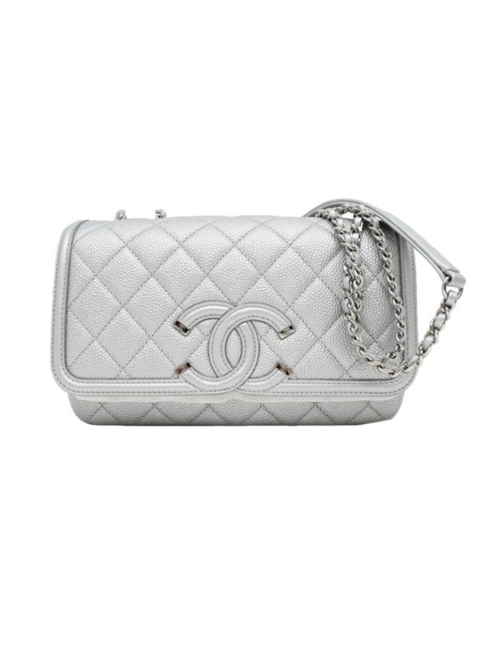 Chanel Small Chain Shoulder Bag Filigree Caviar Leather Silver Hardware
